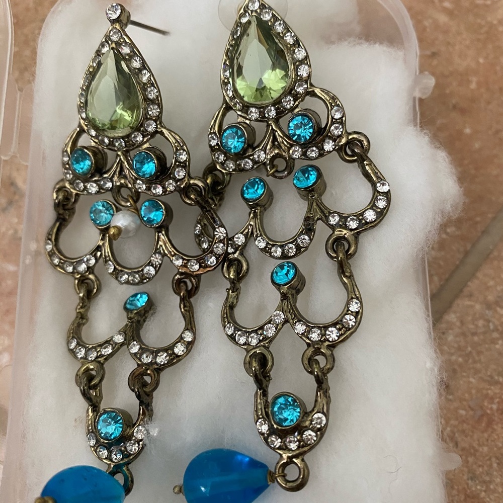 Blue green statement earrings